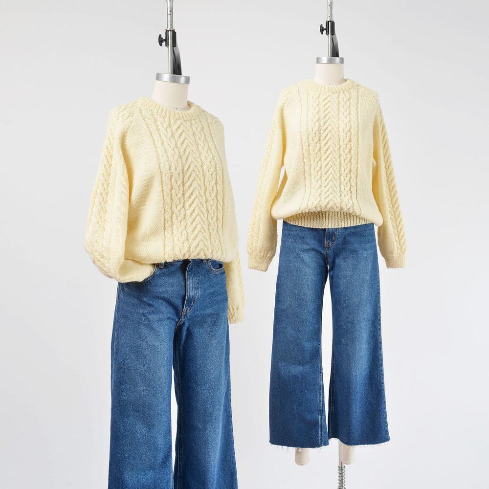 Vintage Hand Knit Cream Cable Knit Fisherman Aran Style Chunky Pullover M